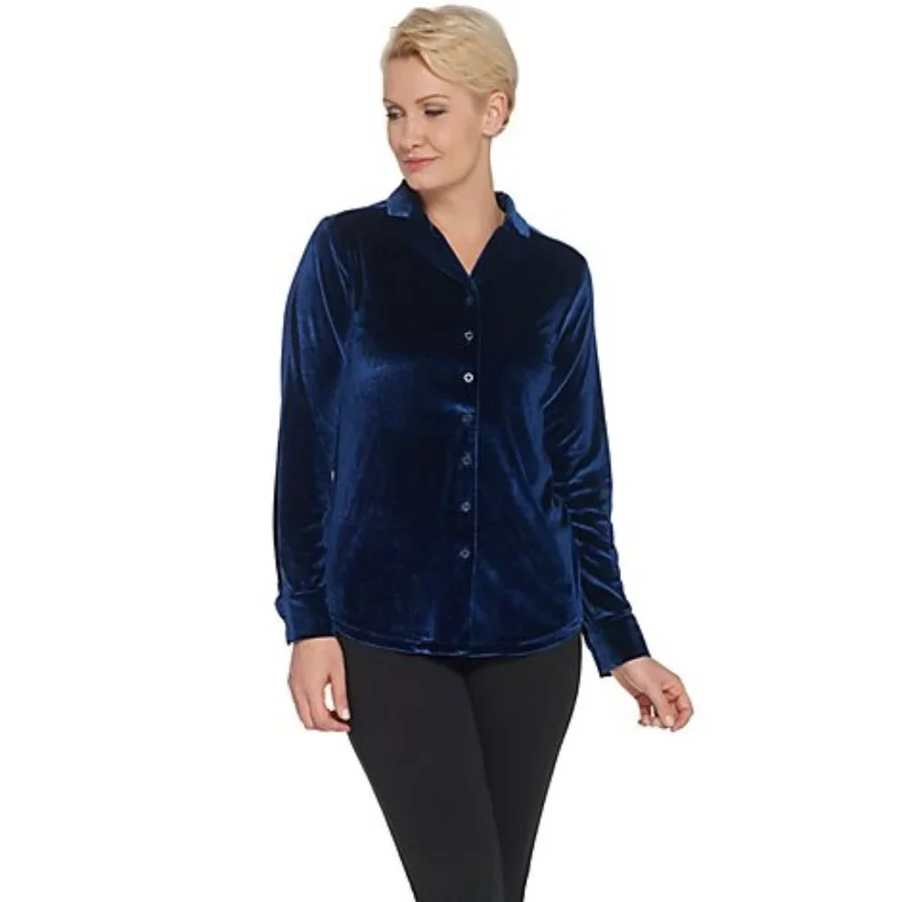 Women's Timeless Velvet Button Front Shirt - Navy - Picture 1 of 4